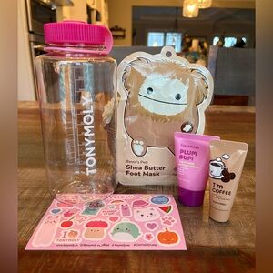 NEW Tonymoly WATER BOTTLE w/Stickers, BENNY’S Foot Mask, PLUM BUM & I’M COFFEE!